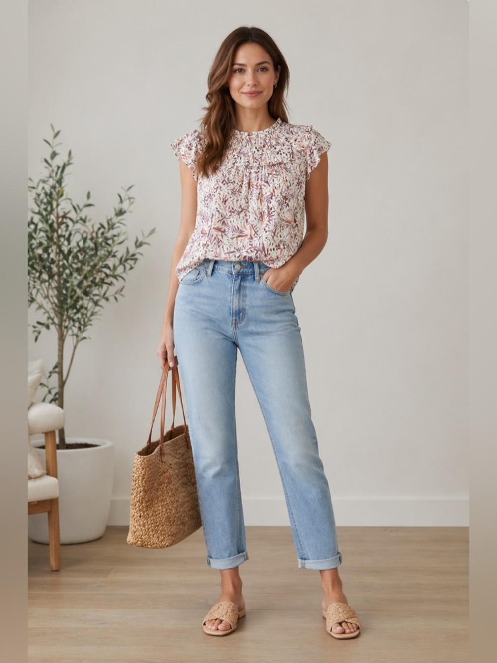 LOFT Floral Leaf Print Sleeveless Top in Cream and Mauve Medium